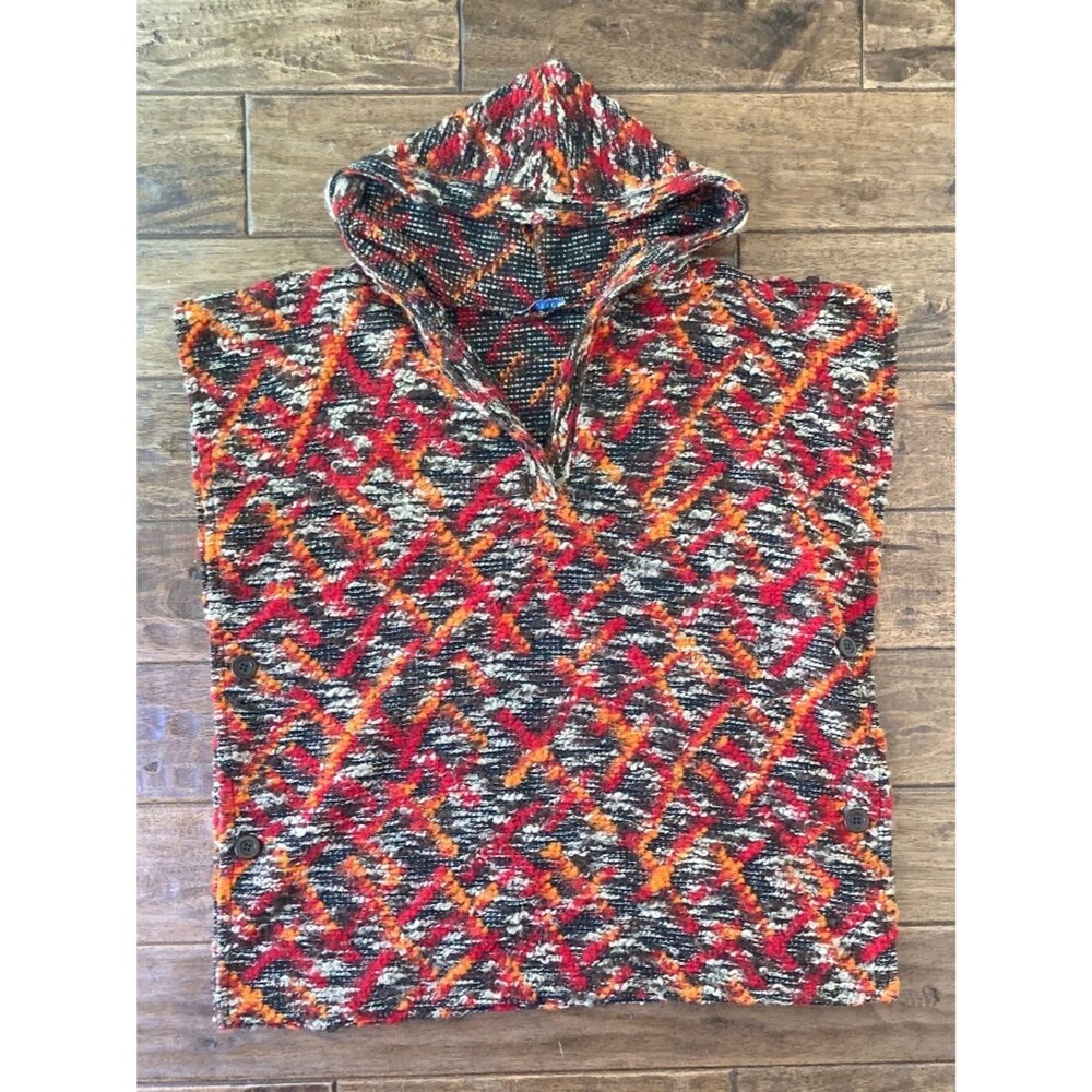 Boho Lagenlook Button Side Sweater Poncho Hooded Red Orange